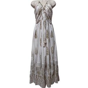 One Size Ananta White with Gold Metallic Maxi Dress with Halter Top